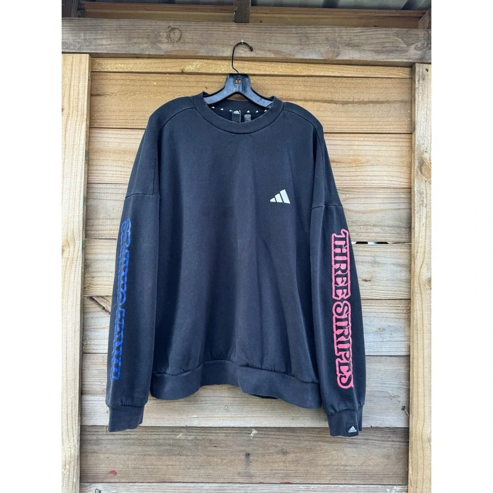 Adidas Three Stripes Black Sweatshirt With White Logo Words On Sleeves Size Larg